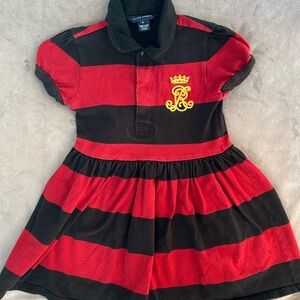 Ralph Lauren kid dress striped red-blackSz 6 short sleeve gold embroidered logo